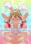  1boy 1girl absurdres animal_ears bangs blush bottomless breath brown_hair bunny_pose choker clenched_teeth closed_eyes clothed_female_nude_male commentary_request cum cum_in_pussy eyelashes fake_animal_ears hairband hands_up hetero highres may_(pokemon) miraa_(chikurin) nude official_alternate_costume overflow penis pink_choker pink_footwear pink_shirt pokemon pokemon_(game) pokemon_masters_ex pussy sex shirt shoes short_sleeves sparkle spread_legs squatting_cowgirl_position star_(symbol) sweat teeth vaginal wrist_cuffs yellow_hairband 