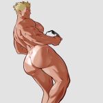  1boy abs ass back bara completely_nude dizdoodz eyewear_removed feet_out_of_frame from_behind highres large_pectorals male_focus mature_male muscular muscular_male nipples nude pectorals pokemon pokemon_(game) pokemon_rgby simple_background smile solo surge_(pokemon) tan tanlines thick_thighs thighs 