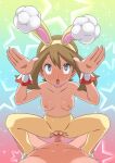  1boy 1girl absurdres animal_ears bangs breasts brown_hair bunny_pose censored choker clothed_female_nude_male collarbone commentary_request eyelashes fake_animal_ears grey_eyes hairband hands_up hetero highres may_(pokemon) miraa_(chikurin) mosaic_censoring nipples nude official_alternate_costume open_mouth pantyhose penis pink_choker pink_footwear pokemon pokemon_(game) pokemon_masters_ex pussy rolling_eyes sex shoes sparkle spread_legs squatting_cowgirl_position star_(symbol) sweat tongue topless torn_clothes torn_legwear upper_teeth vaginal wrist_cuffs yellow_hairband yellow_legwear 