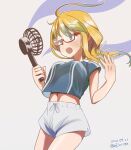  1girl alternate_costume blonde_hair blouse blue_blouse blue_eyes commentary_request cowboy_shot electric_fan glasses highres i-8_(kancolle) infini kantai_collection long_hair low_twintails open_mouth semi-rimless_eyewear shorts simple_background solo standing twintails under-rim_eyewear white_background white_shorts 