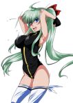  ahoge armpits arms_behind_head arms_up black_gloves black_leotard blue_eyes bouncing_breasts bow breasts bridal_legwear commentary cowboy_shot einhart_stratos eyebrows_visible_through_hair gloves green_hair hair_bow heterochromia highres large_breasts leotard long_hair lyrical_nanoha mahou_shoujo_lyrical_nanoha mahou_shoujo_lyrical_nanoha_vivid motion_lines open_mouth purple_eyes red_bow simple_background sleeveless smile sweat tappa_(esperanza) thighhighs twintails very_long_hair white_background white_legwear 
