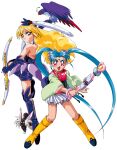  1990s_(style) 1girl 2girls aqua_hair arm_up bangs bird blonde_hair boots cabbit closed_mouth elbow_gloves facial_mark feathers fingerless_gloves forehead_mark freckles gloves holding holding_wand kawai_sasami knee_boots long_hair long_sleeves looking_at_viewer magical_girl mahou_shoujo_pretty_sammy masaki_sasami_jurai miniskirt multiple_girls non-web_source obi official_art open_mouth pink_eyes pixy_misa pleated_skirt pretty_sammy_(character) red_eyes retro_artstyle ryou-ouki sash simple_background skirt smile solo tareme tsurime twintails very_long_hair wand white_background white_skirt 