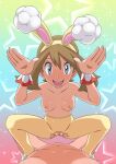  1boy 1girl :d absurdres animal_ears bangs blush breasts brown_hair bunny_pose choker clothed_female_nude_male collarbone commentary_request eyelashes fake_animal_ears grey_eyes hairband hands_up hetero highres may_(pokemon) miraa_(chikurin) nipples nude official_alternate_costume open_mouth pantyhose pink_choker pink_footwear pokemon pokemon_(game) pokemon_masters_ex pussy shoes smile sparkle spread_legs squatting_cowgirl_position star_(symbol) tongue topless torn_clothes torn_legwear upper_teeth wrist_cuffs yellow_hairband yellow_legwear 