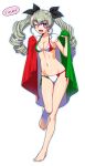  1girl anchovy_(girls_und_panzer) bikini blush breasts brown_eyes cape cleavage drill_hair eyebrows_visible_through_hair full_body girls_und_panzer green_hair hair_ornament hair_ribbon italian_flag_bikini long_hair looking_at_viewer navel one_eye_closed oosaka_kanagawa open_mouth ribbon shiny shiny_hair side-tie_bikini simple_background small_breasts smile solo swimsuit twin_drills twintails white_background 