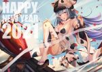  1girl 2021 absurdres animal_ears animal_print bicycle blue_hair blue_sky bow breasts cleavage cloud cloudy_sky cow cow_ears cow_girl cow_hat cow_hood cow_horns cow_print cow_tail day detached_sleeves draph ear_piercing eyebrows_visible_through_hair granblue_fantasy ground_vehicle happy_new_year highres horns huge_filesize large_breasts long_hair looking_at_viewer micro_shorts mr2d new_year open_mouth outdoors piercing pink_eyes purple_bow see-through shatola_(granblue_fantasy) shoes shorts sky solo tail tail_bow tail_ornament thighhighs watermark 