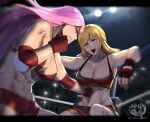  2girls abs absurdres arsonichawt black_gloves blonde_hair blue_eyes boxing_ring breasts catfight cleavage drooling fingerless_gloves gloves green_eyes half-closed_eye highres large_breasts letterboxed long_hair multiple_girls muscular muscular_female navel open_mouth original pain pink_hair punching red_gloves rolling_eyes ryona saliva short_shorts shorts smile stomach_punch tank_top tears 