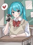  1girl :o absurdres aqua_eyes aqua_hair bangs blush bow bowtie cellphone chalkboard classroom clothing_request collared_shirt commentary desk eyebrows_visible_through_hair hand_up hatsune_miku heart highres holding holding_phone indoors long_hair looking_at_viewer open_mouth phone red_neckwear school_desk school_uniform shirt sitting sk_duki smartphone solo spoken_heart twintails upper_body vocaloid white_shirt 