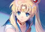  1girl bangs bishoujo_senshi_sailor_moon blonde_hair blue_eyes blue_sailor_collar breasts choker circlet cleavage collarbone commentary_request crescent crescent-shaped_pupils crescent_earrings derivative_work diadem earrings ekita_kuro english_commentary glint hair_over_shoulder heart heart_choker jewelry light_blush long_hair looking_to_the_side magical_girl mixed-language_commentary parted_bangs parted_lips red_choker sailor_collar sailor_moon sailor_moon_redraw_challenge sailor_senshi_uniform screencap_redraw signature solo symbol_in_eye tears tile_floor tiles tsukino_usagi twintails upper_body 