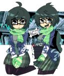  1girl atsuta_miyazu bangs black_hair breasts chibi embarrassed glasses gloves highres hitoshura jiansketch large_breasts looking_at_viewer open_mouth scarf school_uniform shin_megami_tensei shin_megami_tensei_iii:_nocturne shin_megami_tensei_v short_hair simple_background solo wavy_hair 