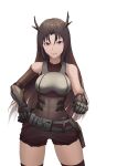  1girl breasts brown_hair executioner_(girls&#039;_frontline) eyebrows_visible_through_hair feet_out_of_frame girls&#039;_frontline hand_on_hip horns long_hair looking_at_viewer mechanical_arms mechanical_hands medium_breasts open_mouth red_eyes sangvis_ferri single_mechanical_arm single_mechanical_hand solo standing thatob thighhighs white_background 