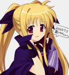  1girl absurdres bangs black_cape black_gloves black_leotard black_ribbon blonde_hair cape commentary_request dated eyebrows_visible_through_hair fate_testarossa fingerless_gloves gauntlets gloves hair_ribbon highres leotard long_hair looking_at_viewer lyrical_nanoha magical_girl mahou_shoujo_lyrical_nanoha naganegi_sinsen open_mouth red_eyes ribbon simple_background single_gauntlet sleeveless smile solo translated twintails upper_body 
