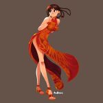  1girl artist_name aru_barros black_eyes body_freckles breasts brown_background brown_hair china_dress chinese_clothes dead_or_alive dragon_print dress full_body hair_rings large_breasts leaning_forward lei_fang long_dress long_legs orange_dress pac-man_eyes print_dress red_dress sandals short_hair side_braids side_slit sleeveless sleeveless_dress solo toes 