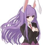  .me 1girl animal_ears bangs black_jacket breasts bunny_ears closed_mouth collared_shirt commentary_request eyebrows_visible_through_hair floating_hair hands_on_own_chest jacket light_blush long_hair long_sleeves looking_at_viewer medium_breasts necktie pleated_skirt purple_hair purple_skirt red_eyes red_neckwear reisen_udongein_inaba shirt simple_background skirt smile solo suit_jacket touhou upper_body very_long_hair white_background wing_collar 