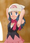  1girl absurdres armpits arms_behind_head beanie blue_eyes blue_hair blush closed_mouth commentary_request dawn_(pokemon) eyelashes hair_ornament hairclip hat highres long_hair looking_up miraa_(chikurin) pink_scarf pink_skirt poke_ball_print pokemon pokemon_(anime) pokemon_dppt_(anime) raised_eyebrows scarf shirt skirt sleeveless sleeveless_shirt solo steam sweat white_headwear 