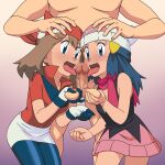  1boy 2girls absurdres bangs beanie bike_shorts blue_eyes blue_hair blush brown_hair censored clothed_female_nude_male collared_shirt commentary_request dawn_(pokemon) eyelashes fellatio ffm_threesome gloves group_sex hair_ornament hairclip hat hetero highres leaning_forward licking licking_penis may_(pokemon) miraa_(chikurin) mosaic_censoring multiple_fellatio multiple_girls nude open_mouth oral penis pink_scarf poke_ball_symbol pokemon pokemon_(anime) pokemon_dppt_(anime) pokemon_rse_(anime) red_bandana red_shirt scarf shirt short_sleeves skirt sleeveless testicle_grab testicles threesome tongue tongue_out white_gloves white_headwear white_skirt 