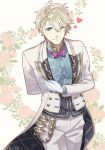  1boy aladdin_(sinoalice) blonde_hair bow bowtie butler closed_mouth collared_shirt flower formal gloves gold gold_trim heart highres looking_at_viewer male_focus one_eye_closed pants rose shirt short_hair simple_background sinoalice smile solo white_gloves yuna726 