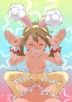  1boy 1girl absurdres animal_ears bangs blush breasts breath brown_hair bunny_pose choker clenched_teeth closed_eyes clothed_female_nude_male collarbone commentary_request cum cum_in_pussy eyelashes fake_animal_ears hairband hands_up hetero highres may_(pokemon) miraa_(chikurin) nipples nude official_alternate_costume overflow pantyhose penis pink_choker pink_footwear pokemon pokemon_(game) pokemon_masters_ex pussy sex shoes sparkle spread_legs squatting_cowgirl_position star_(symbol) sweat teeth topless torn_clothes torn_legwear vaginal wrist_cuffs yellow_hairband yellow_legwear 