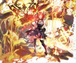  1boy 1girl absurdres arknights crossover demon demon_girl demon_horns doodle dress fate/grand_order fate_(series) fire giant high_heels highres holding holding_weapon horns linhuuuu long_hair looking_at_viewer purple_eyes red_hair surtr_(arknights) surtr_(fate) sword thighhighs weapon 