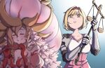  2girls blonde_hair breasts brown_eyes closed_eyes djeeta_(granblue_fantasy) eating food frills gauntlets granblue_fantasy hairband jellyfish_girl meat mefomefo monster_girl multiple_girls scales scales_of_dominion short_hair smile 