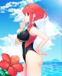  1girl bangs black_swimsuit breasts competition_swimsuit green322 highres large_breasts one-piece_swimsuit pyra_(pro_swimmer)_(xenoblade) pyra_(xenoblade) red_eyes red_hair red_swimsuit short_hair solo swept_bangs swimsuit two-tone_swimsuit xenoblade_chronicles_(series) xenoblade_chronicles_2 