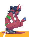  1girl blue_hair can collarbone colored_sclera colored_skin demon_girl demon_horns green_eyes horns kezime long_pointy_ears nail_polish original pointy_ears ponytail red_skin resized shoes sneakers soda soda_can solo sportswear squatting sweat upscaled yellow_sclera 