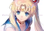  1girl bangs bishoujo_senshi_sailor_moon blonde_hair blue_eyes blue_sailor_collar breasts character_name choker circlet cleavage collarbone commentary_request crescent crescent-shaped_pupils crescent_earrings derivative_work diadem earrings ekita_kuro english_commentary glint hair_over_shoulder heart heart_choker jewelry light_blush long_hair looking_to_the_side magical_girl mixed-language_commentary parted_bangs parted_lips red_choker sailor_collar sailor_moon sailor_moon_redraw_challenge sailor_senshi_uniform screencap_redraw simple_background solo symbol_in_eye tears tsukino_usagi twintails upper_body white_background 
