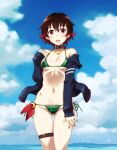  1girl adapted_costume bikini blue_jacket blue_sky breasts brown_hair cloud day gradient_hair green_bikini jacket kantai_collection long_sleeves multicolored_hair mutsuki_(kancolle) navel open_clothes open_jacket outdoors red_hair remodel_(kantai_collection) sameha_ikuya short_hair side-tie_bikini sky small_breasts solo standing string_bikini swimsuit 