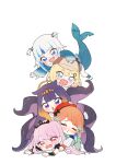  5girls :d :o absurdres bangs beret blonde_hair blue_eyes blue_hair blue_hoodie blush chibi closed_eyes commentary_request deerstalker diamond_hairband fish_tail gawr_gura gradient_hair green_hair hair_ornament hand_on_another&#039;s_head hat highres hololive hololive_english hood hoodie long_sleeves lying_on_person mori_calliope multicolored_hair multiple_girls neru_(flareuptf1) ninomae_ina&#039;nis open_mouth orange_hair pink_hair purple_eyes purple_hair red_eyes red_hair shark_hair_ornament shark_tail sharp_teeth short_hair short_sleeves sidelocks simple_background smile streaked_hair tail takanashi_kiara teeth tentacle_hair tentacles tiara virtual_youtuber watson_amelia white_background white_hair wrist_cuffs 