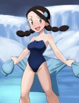  1girl :d alternate_costume bare_arms black_hair blue_swimsuit blush breasts brown_eyes candice_(pokemon) collarbone commentary_request gym_leader hair_ornament hairclip highres holding knees legs_apart long_hair looking_at_viewer miraa_(chikurin) multi-tied_hair one-piece_swimsuit open_mouth outdoors pokemon pokemon_(game) pokemon_dppt smile snow solo standing sweater sweater_removed swimsuit tongue twintails 