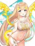  1girl adjusting_clothes adjusting_swimsuit bikini blonde_hair blue_eyes blush breasts energy_wings eyebrows_visible_through_hair flower hair_flower hair_ornament happy highres large_breasts legband looking_at_viewer parted_lips rapunzel_(sinoalice) sidelocks sinoalice smile solo swimsuit wet yellow_flower yuna726 