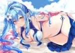  1girl ahoge bikini blue_bikini blue_hair blue_skirt blue_sky blush breasts clothes_pull cloud cloudy_sky day eyebrows_visible_through_hair flower hair_flower hair_ornament heart_ahoge hinahino hololive jacket large_breasts long_hair looking_at_viewer lying off_shoulder on_side pointy_ears sand skirt skirt_pull sky solo swimsuit twitter_username virtual_youtuber yellow_eyes yukihana_lamy 