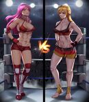  2girls abs absurdres arsonichawt black_gloves blonde_hair blue_eyes boots boxing_ring breasts catfight cleavage fingerless_gloves full_body german_flag gloves green_eyes hands_on_hips highres large_breasts long_hair multiple_girls muscular muscular_female navel original pink_hair red_gloves serious short_shorts shorts smile standing tank_top vs 