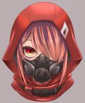  1girl commentary_request gas_mask grey_background hair_over_one_eye hood hood_up looking_at_viewer mask nikubanare orange_eyes original red_hair red_hood respirator snap-fit_buckle solo 