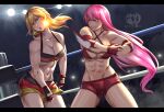  2girls abs arsonichawt black_gloves blonde_hair blue_eyes boxing_ring breasts catfight cleavage elbowing fingerless_gloves gloves green_eyes highres large_breasts letterboxed long_hair multiple_girls muscular muscular_female navel open_mouth original pink_hair red_gloves rolling_eyes ryona saliva short_shorts shorts smirk tank_top 