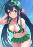 1girl ahoge arm_behind_back bangs beach bikini bikini_skirt blue_hair blunt_bangs blush bow breasts brown_eyes cleavage closed_mouth collarbone commentary_request cowboy_shot day gradient_hair green_bikini green_hair green_hairband hair_bow hairband hand_up highres large_breasts leaning_forward long_hair looking_at_viewer multicolored_hair navel outdoors pink_bow smile solo standing swimsuit tenneko_yuuri touhoku_zunko very_long_hair voiceroid 