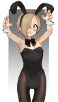  1girl :o alternate_costume animal_ears armpits arms_up bags_under_eyes bare_shoulders black_leotard blonde_hair bow bowtie breasts brown_legwear bunny_ears claw_pose cowboy_shot detached_collar ear_piercing fake_animal_ears gradient gradient_background hair_over_one_eye hairband highres idolmaster idolmaster_cinderella_girls leotard looking_at_viewer miyamae_(miyazen9311) pantyhose piercing playboy_bunny purple_eyes shirasaka_koume short_hair simple_background small_breasts solo standing strapless strapless_leotard tareme wrist_cuffs 