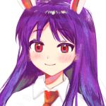  1girl animal_ears bangs blush bunny_ears closed_mouth collar eyebrows_visible_through_hair highres long_hair looking_at_viewer mujiga necktie purple_hair red_eyes red_neckwear reisen_udongein_inaba shirt short_sleeves simple_background smile solo touhou upper_body white_background white_collar white_shirt white_sleeves 