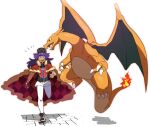  1boy argyle bangs baseball_cap cape champion_uniform charizard claws commentary_request dark-skinned_male dark_skin dynamax_band facial_hair fangs fire flame fur-trimmed_cape fur_trim gen_1_pokemon gloves hat highres leg_up leggings leon_(pokemon) long_hair male_focus morio_(poke_orio) open_mouth pokemon pokemon_(creature) pokemon_(game) pokemon_swsh purple_hair red_cape shield_print shirt shoes short_shorts short_sleeves shorts single_glove smile standing standing_on_one_leg sword_print upper_teeth white_legwear white_shorts yellow_eyes 