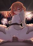  1boy 1girl bangs blush breasts cowgirl_position eyebrows_visible_through_hair fireworks girl_on_top hair_between_eyes hair_ornament hairclip hetero highres ikazuchi_(kancolle) japanese_clothes kantai_collection long_sleeves looking_at_viewer myht night nipples nose_blush open_clothes open_mouth orange_hair penis pov pussy pussy_juice sex short_hair small_breasts solo_focus straddling vaginal 