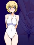  1girl ass blonde_hair blue_background blue_eyes blush braid breasts cleavage closed_mouth collarbone darjeeling_(girls_und_panzer) girls_und_panzer large_breasts looking_at_viewer multiple_views oosaka_kanagawa shiny shiny_hair simple_background smile standing swimsuit white_swimsuit 