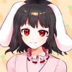  1girl animal_ears bangs black_hair blush bunny_ears closed_mouth dress eyebrows_visible_through_hair highres inaba_tewi looking_at_viewer mujiga orange_background pink_dress pink_sleeves red_eyes short_hair short_sleeves simple_background smile solo touhou upper_body 