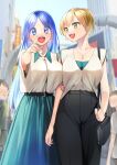  2girls :d absurdres bag belt blonde_hair blue_eyes blue_hair blurry blurry_background blush breasts faceless faceless_male handbag high-waist_pants high-waist_skirt highres holding_another&#039;s_arm jewelry large_breasts long_hair multiple_girls necklace open_mouth original outdoors pointing rinku_(rin9) short_hair skirt smile translated yellow_eyes 
