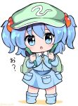  1girl backpack bag bangs blue_eyes blue_hair blue_jacket blue_skirt chibi commentary cucumber eyebrows_visible_through_hair flat_cap food full_body green_bag green_headwear hair_bobbles hair_ornament hat holding holding_food jacket kawashiro_nitori key long_sleeves looking_at_viewer open_mouth pocket ramudia_(lamyun) short_hair simple_background skirt solo standing touhou translated twitter_username two_side_up white_background 