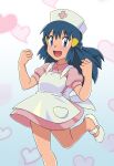  1girl :d absurdres apron bangs blue_eyes blue_hair clenched_hands collared_dress commentary_request cosplay dawn_(pokemon) dress eyebrows_visible_through_hair eyelashes hair_ornament hairclip hands_up hat heart highres joy_(pokemon) joy_(pokemon)_(cosplay) leg_up long_hair looking_at_viewer miraa_(chikurin) nurse nurse_cap open_mouth pink_dress pokemon pokemon_(anime) pokemon_dppt_(anime) shoes short_sleeves smile solo tongue white_apron white_footwear 