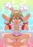  1boy 1girl absurdres animal_ears bangs bottomless brown_hair bunny_pose censored choker clothed_female_nude_male commentary_request eyelashes fake_animal_ears grey_eyes hairband hands_up hetero highres may_(pokemon) miraa_(chikurin) mosaic_censoring nude official_alternate_costume open_mouth penis pink_choker pink_footwear pink_shirt pokemon pokemon_(game) pokemon_masters_ex pussy rolling_eyes sex shirt shoes short_sleeves sparkle spread_legs squatting_cowgirl_position star_(symbol) sweat tongue upper_teeth vaginal wrist_cuffs yellow_hairband 