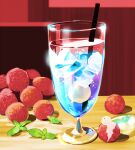  berry chai cocktail commentary cup drink drinking_glass drinking_straw food food_focus fruit highres ice ice_cube indoors lychee no_humans original shadow table 