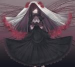  1girl akemi_homura black_dress black_hair bridal_veil commentary_request dress flower funeral_dress gradient gradient_background head_tilt highres homulilly long_hair looking_at_viewer mahou_shoujo_madoka_magica mahou_shoujo_madoka_magica_movie purple_eyes restrained satou_akira_(artist) short_sleeves solo spider_lily veil 