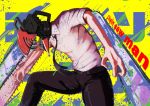  1boy chainsaw chainsaw_man copyright_name denji_(chainsaw_man) highres izu_(tea_value_lord) male_focus monster_boy multicolored multicolored_background necktie paint_splatter sharp_teeth solo teeth 