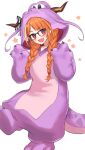  1girl animal_costume bangs blonde_hair blunt_bangs blush braid claw_pose dragon_costume dragon_girl dragon_horns eyebrows_visible_through_hair fang full_body gao glasses hair_tie highres hololive horns kiki-yu kiryu_coco long_hair looking_at_viewer multicolored_hair official_alternate_costume onesie open_mouth red_eyes sidelocks simple_background solo standing standing_on_one_leg star_(symbol) streaked_hair twin_braids v-shaped_eyebrows virtual_youtuber white_background 