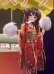  1girl bad_hand black_hair blurry blurry_background brown_eyes cotton_candy dual_wielding floral_print flower food_stand hair_flower hair_ornament hair_ribbon holding japanese_clothes kasumi_(sennen_sensou_aigis) kimono long_hair looking_at_viewer outdoors red_kimono red_nails red_ribbon ribbon sennen_sensou_aigis standing tadayou_kemuri very_long_hair wide_sleeves yukata 